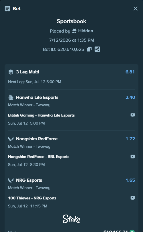 Bet slip: Bilibili Gaming - Hanwha Life Esports, $10,176.37 stake at 2.40 odds, placed by Hidden
