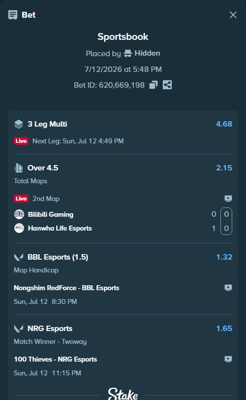 Bet slip: Bilibili Gaming - Hanwha Life Esports, $150,000.00 stake at 2.15 odds, placed by Hidden