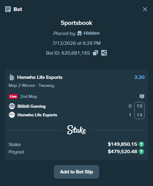 Bet slip: Bilibili Gaming - Hanwha Life Esports, $150,000.00 stake at 3.20 odds, placed by Hidden