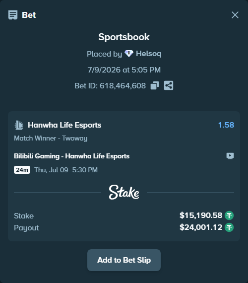 Bet slip: Bilibili Gaming - Hanwha Life Esports, $15,205.77 stake at 1.58 odds, placed by Helsoq
