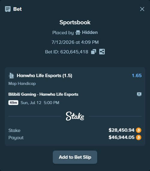 Bet slip: Bilibili Gaming - Hanwha Life Esports, $28,768.83 stake at 1.65 odds, placed by Hidden