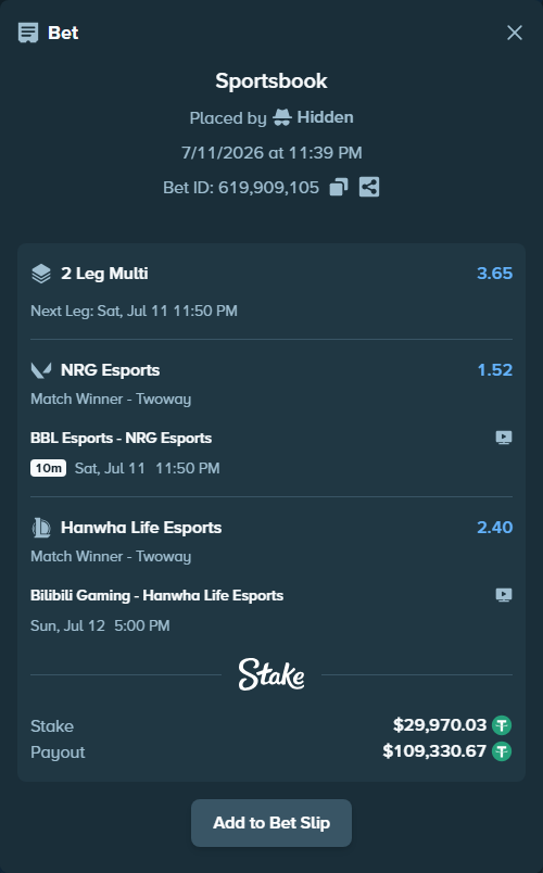 Bet slip: Bilibili Gaming - Hanwha Life Esports, $30,000.00 stake at 2.40 odds, placed by Hidden