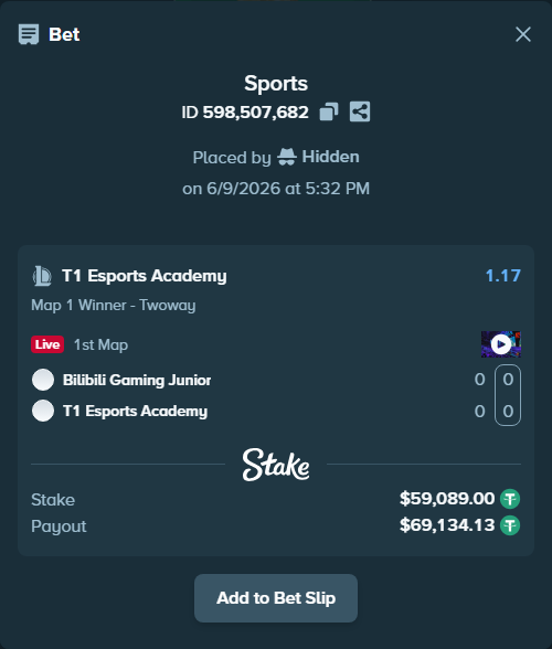 Bet slip: Bilibili Gaming Junior - T1 Esports Academy, $59,089.00 stake at 1.17 odds, placed by Hidden