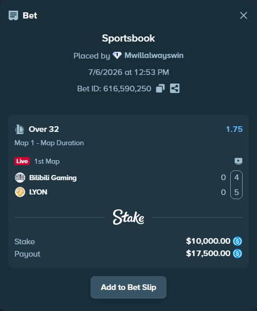 Bet slip: Bilibili Gaming - LYON, $10,000.00 stake at 1.75 odds, placed by Mwillalwayswin