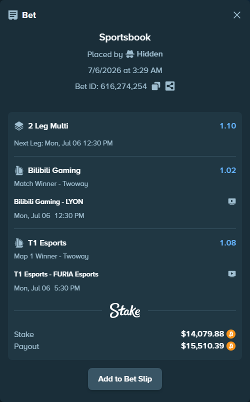 Bet slip: Bilibili Gaming - LYON, $14,112.45 stake at 1.02 odds, placed by Hidden