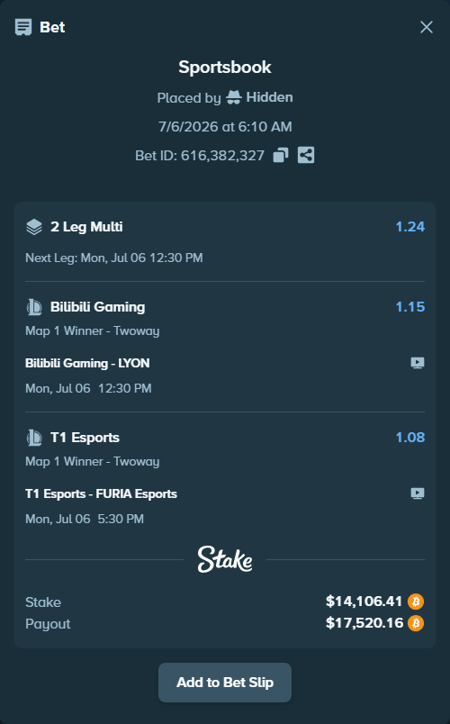 Bet slip: Bilibili Gaming - LYON, $14,304.87 stake at 1.15 odds, placed by Hidden
