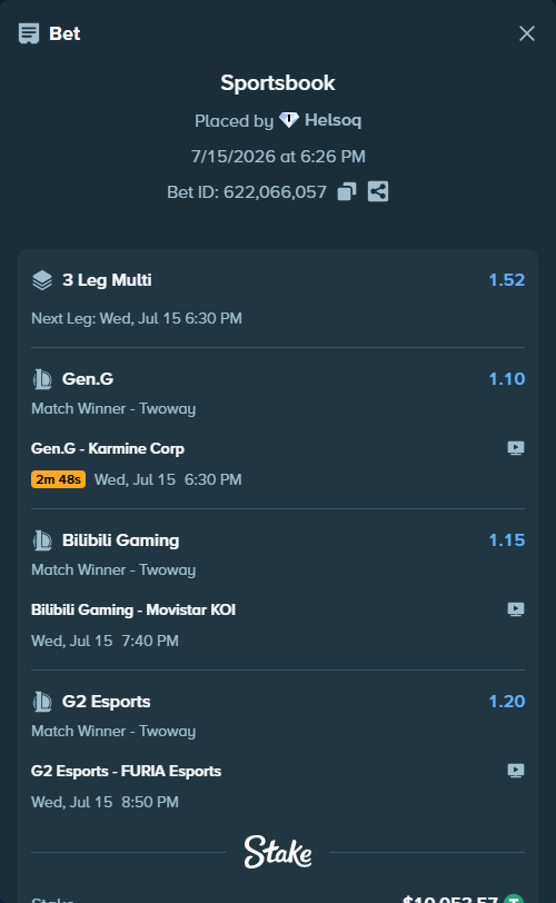 Bet slip: Bilibili Gaming - Movistar KOI, $10,063.63 stake at 1.15 odds, placed by Helsoq