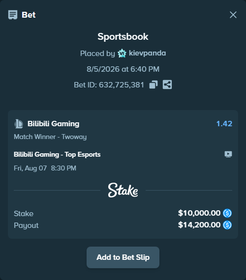Bet slip: Bilibili Gaming - Top Esports, $10,000.00 stake at 1.42 odds, placed by kievpanda