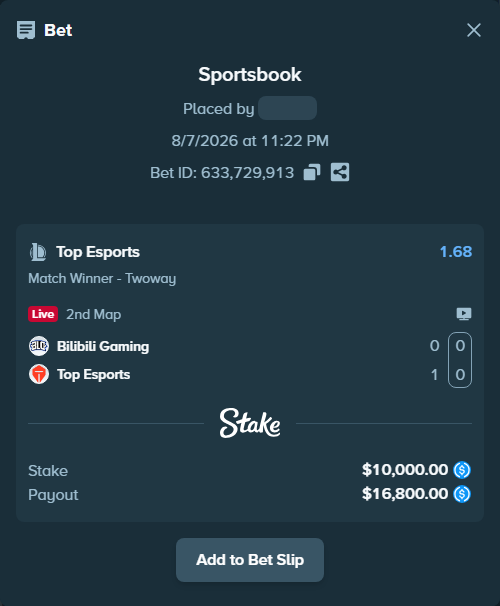 Bet slip: Bilibili Gaming - Top Esports, $10,000.00 stake at 1.68 odds, placed by impactwhat9