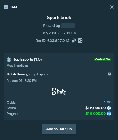 Bet slip: Bilibili Gaming - Top Esports, $16,000.00 stake at 1.75 odds, placed by AdrewTate