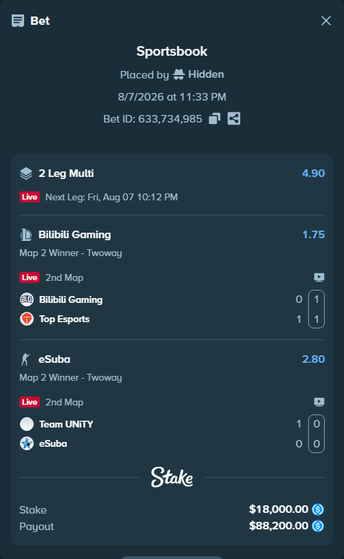 Bet slip: Bilibili Gaming - Top Esports, $18,000.00 stake at 1.75 odds, placed by Hidden