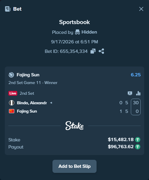 Bet slip: Binda, Alexander - Fajing Sun, $15,497.66 stake at 6.25 odds, placed by Hidden