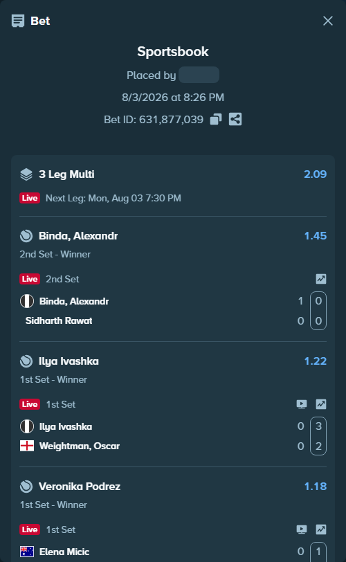 Bet slip: Binda, Alexander - Sidharth Rawat, $10,000.00 stake at 1.45 odds, placed by kuwkuw
