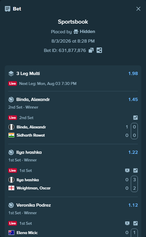 Bet slip: Binda, Alexander - Sidharth Rawat, $11,017.96 stake at 1.45 odds, placed by Hidden