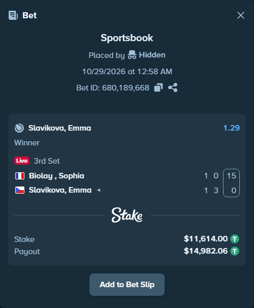 Bet slip: Biolay, Sophia - Slavikova, Emma, $11,625.61 stake at 1.29 odds, placed by kankerxeqtr