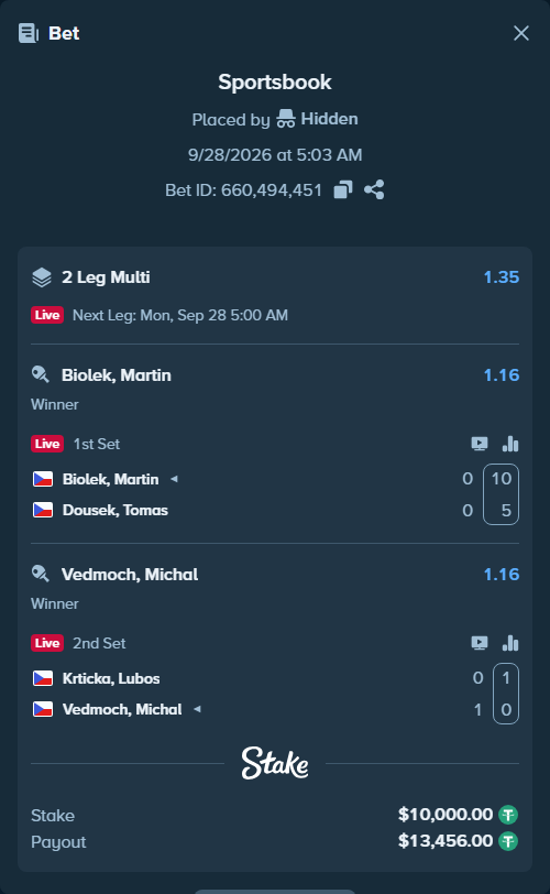 Bet slip: Biolek, Martin - Dousek, Tomas, $10,000.00 stake at 1.16 odds, placed by Hidden