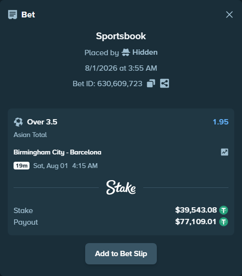 Bet slip: Birmingham City - Barcelona, $39,582.62 stake at 1.95 odds, placed by Hidden