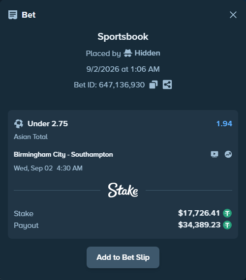 Bet slip: Birmingham City - Southampton, $17,726.41 stake at 1.94 odds, placed by Hidden