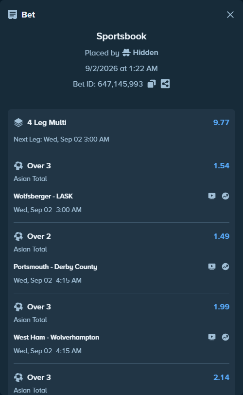 Bet slip: Birmingham City - Southampton, $80,000.00 stake at 2.14 odds, placed by Hidden