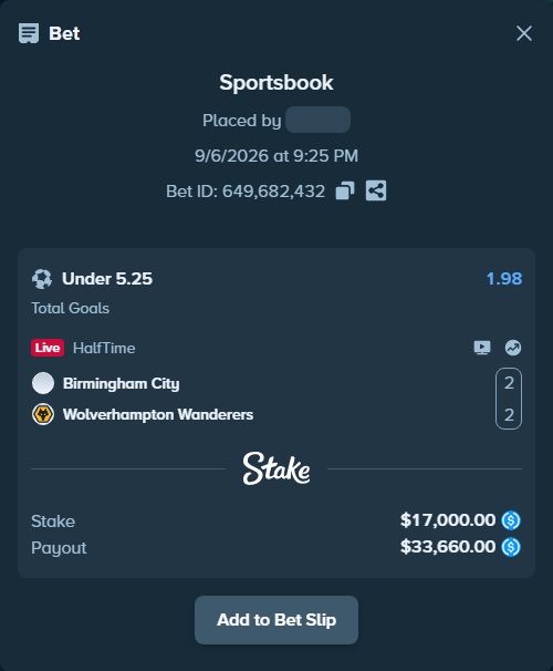 Bet slip: Birmingham City - Wolverhampton, $17,000.00 stake at 1.98 odds, placed by heima01