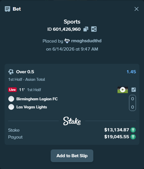 Bet slip: Birmingham Legion FC - Las Vegas Lights, $13,148.00 stake at 1.45 odds, placed by rmaghsdudthd