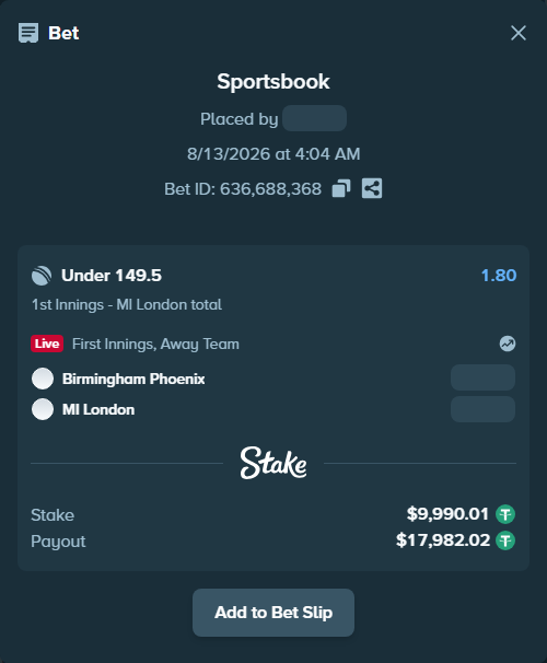 Bet slip: Birmingham Phoenix - MI London, $10,000.00 stake at 1.80 odds, placed by Randy007799
