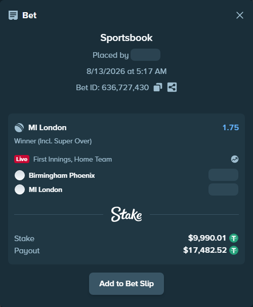 Bet slip: Birmingham Phoenix - MI London, $10,000.00 stake at 1.75 odds, placed by Raja6457