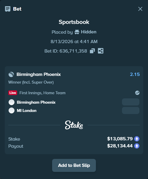 Bet slip: Birmingham Phoenix - MI London, $13,028.33 stake at 2.15 odds, placed by Hidden