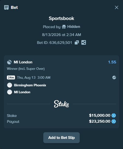 Bet slip: Birmingham Phoenix - MI London, $15,000.00 stake at 1.55 odds, placed by Hidden