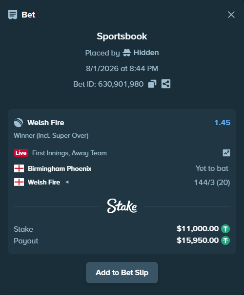 Bet slip: Birmingham Phoenix - Welsh Fire, $11,011.00 stake at 1.45 odds, placed by Hidden