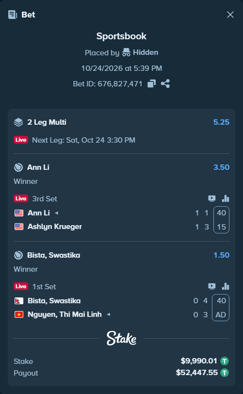 Bet slip: Bista, Swastika - Nguyen, Thi Mai Linh, $10,000.00 stake at 1.50 odds, placed by Hidden