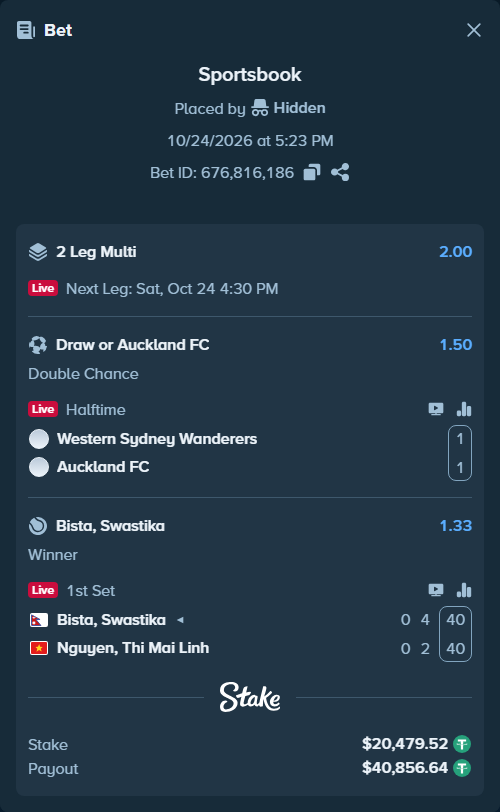 Bet slip: Bista, Swastika - Nguyen, Thi Mai Linh, $20,500.00 stake at 1.33 odds, placed by Hidden