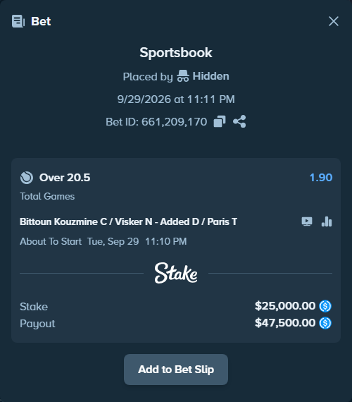 Bet slip: Bittoun Kouzmine C / Visker N - Added D / Paris T, $25,000.00 stake at 1.90 odds, placed by Hidden