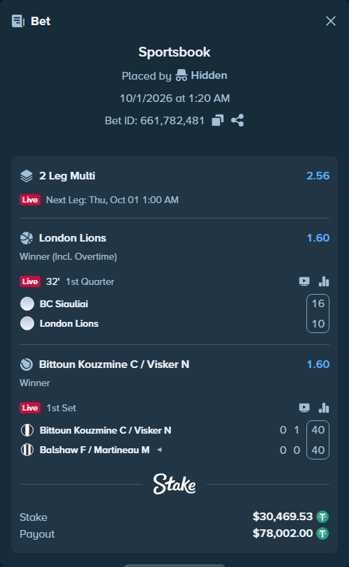 Bet slip: Bittoun Kouzmine C / Visker N - Balshaw F / Martineau M, $30,500.00 stake at 1.60 odds, placed by Hidden