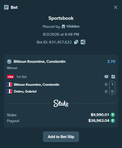 Bet slip: Bittoun Kouzmine, Constantin - Debru, Gabriel, $10,000.00 stake at 3.70 odds, placed by Hidden