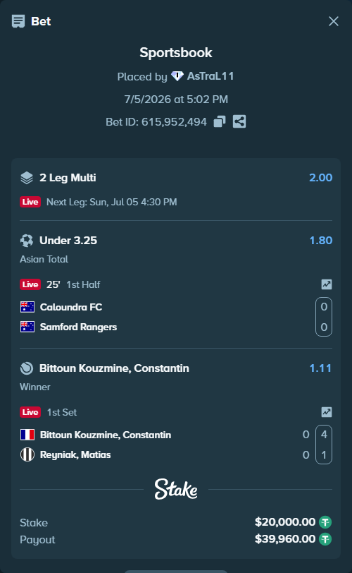 Bet slip: Bittoun Kouzmine, Constantin - Reyniak, Matias, $20,020.00 stake at 1.11 odds, placed by AsTraL11
