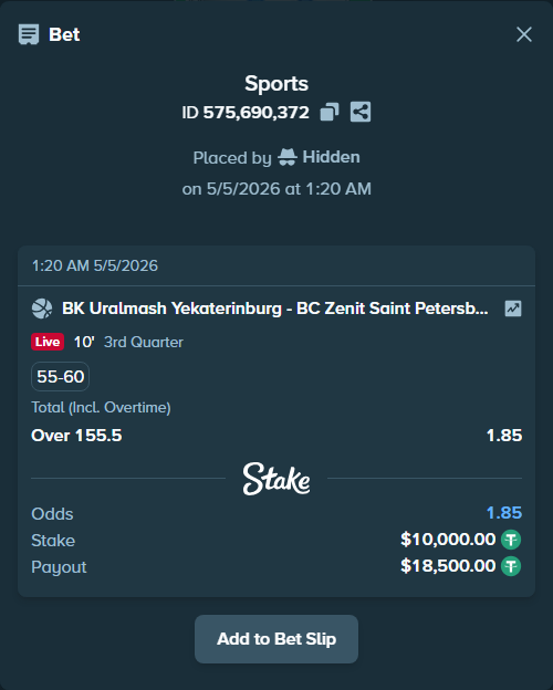 Bet slip: BK Uralmash Yekaterinburg - Zenit Saint Petersburg, $10,000.00 stake at 1.85 odds, placed by Hidden
