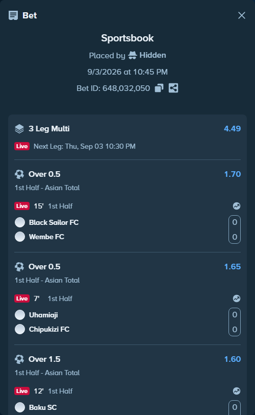 Bet slip: Black Sailor FC - Wembe FC, $10,772.69 stake at 1.70 odds, placed by Hidden