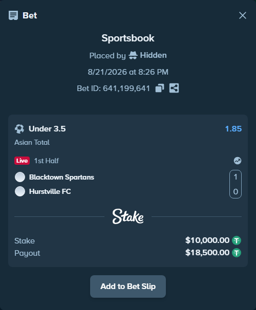 Bet slip: Blacktown Spartans - Hurstville FC, $10,000.00 stake at 1.85 odds, placed by Hidden