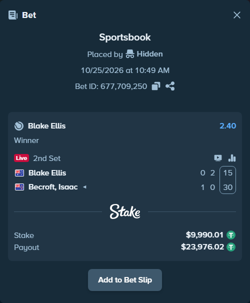 Bet slip: Blake Ellis - Becroft, Isaac, $10,000.00 stake at 2.40 odds, placed by Hidden