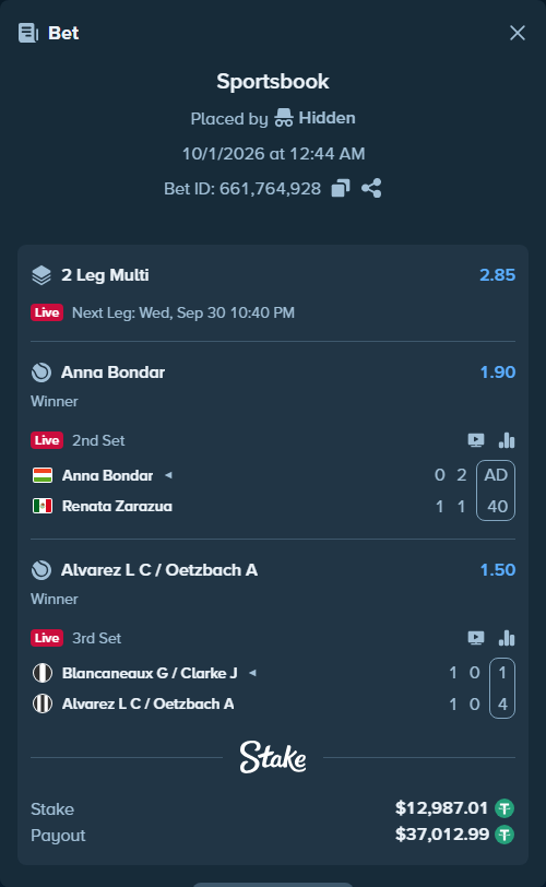 Bet slip: Blancaneaux G / Clarke J - Alvarez L C / Oetzbach A, $13,000.00 stake at 1.50 odds, placed by Hidden
