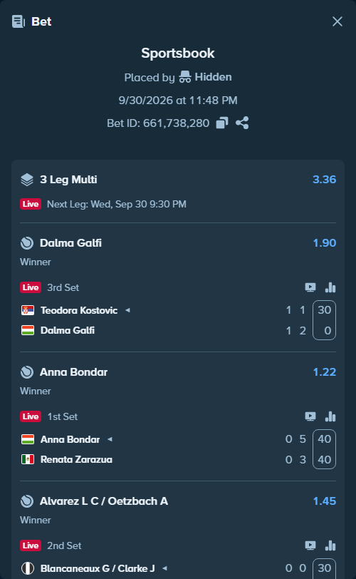 Bet slip: Blancaneaux G / Clarke J - Alvarez L C / Oetzbach A, $20,000.00 stake at 1.45 odds, placed by Hidden