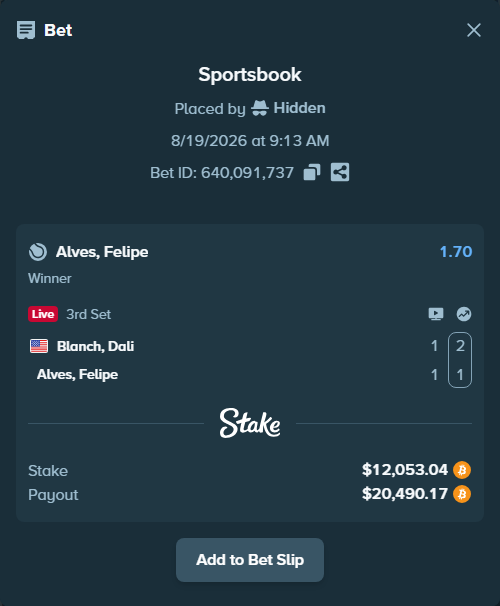 Bet slip: Blanch, Dali - Meligeni Alves, Felipe, $12,017.44 stake at 1.70 odds, placed by Hidden