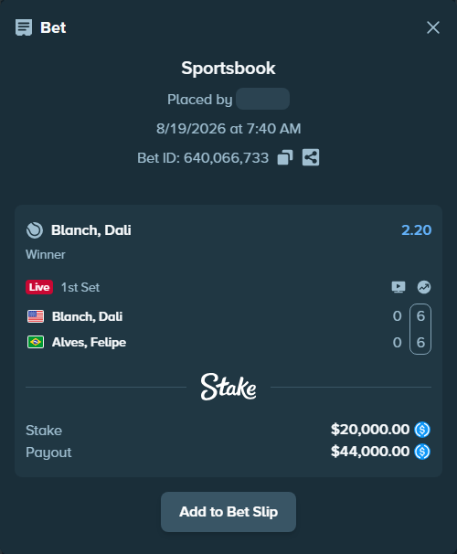 Bet slip: Blanch, Dali - Meligeni Alves, Felipe, $20,000.00 stake at 2.20 odds, placed by kuwkuw