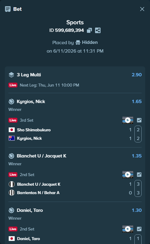 Bet slip: Blanchet U / Jacquet K - Barrientos N / Behar A, $10,000.00 stake at 1.35 odds, placed by Hidden