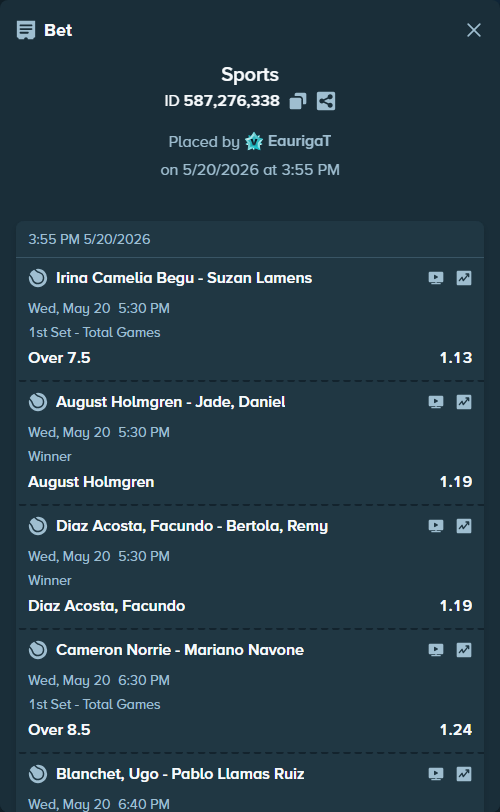 Bet slip: Blanchet, Ugo - Pablo Llamas Ruiz, $75,000.00 stake at 1.17 odds, placed by EaurigaT