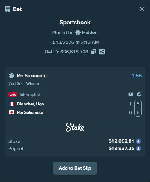 Bet slip: Blanchet, Ugo - Rei Sakamoto, $12,806.99 stake at 1.55 odds, placed by Hidden