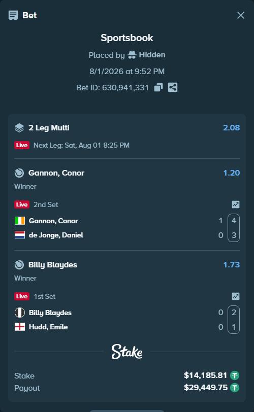 Bet slip: Blaydes, Billy - Hudd, Emile, $14,200.00 stake at 1.73 odds, placed by Hidden