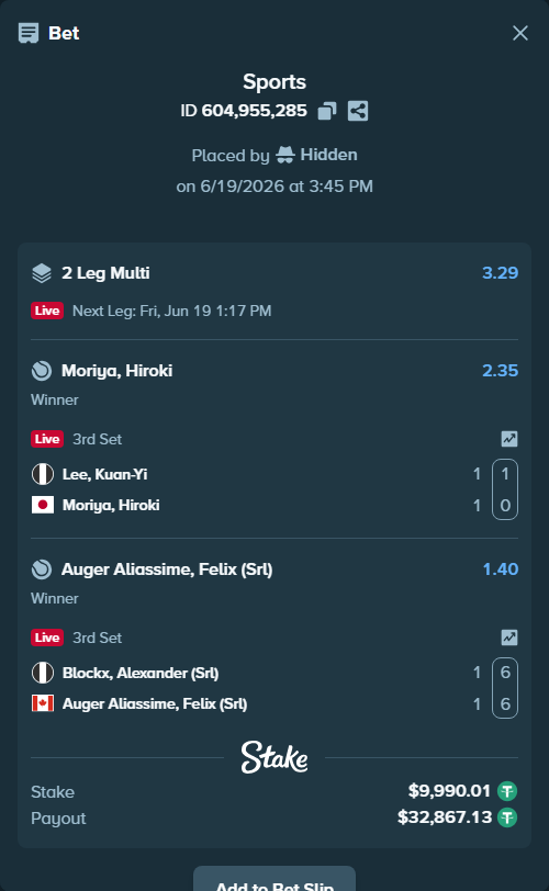 Bet slip: Blockx, Alexander (Srl) - Auger Aliassime, Felix (SRL), $10,000.00 stake at 1.40 odds, placed by Hidden