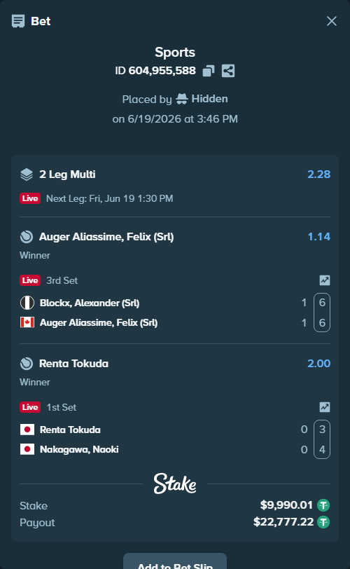 Bet slip: Blockx, Alexander (Srl) - Auger Aliassime, Felix (SRL), $10,000.00 stake at 1.14 odds, placed by Hidden